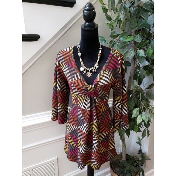 Women's One World Multicolor Tunic Top L Boho V Neck 3/4 Sleeve Stretch Knit - Picture 2 of 12